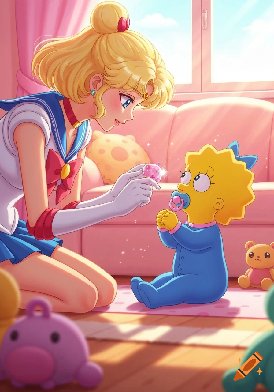 Minako Aino in Sailor Moon outfit kneels, offering a sparkling toy to sitting Maggie Simpson in a blue onesie in a pink room, anime style.