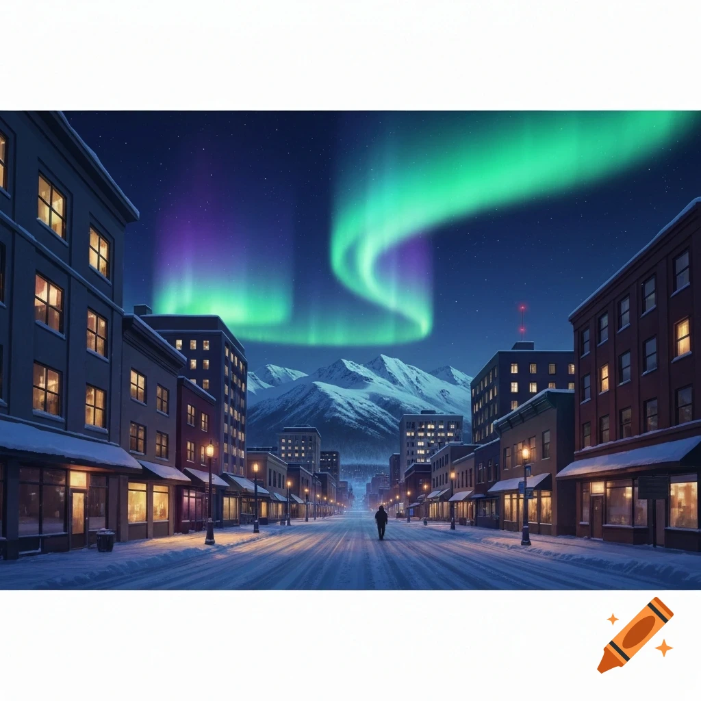 Snowy downtown street at night, illuminated by green and purple aurora borealis above snow-capped mountains, with a lone person walking.