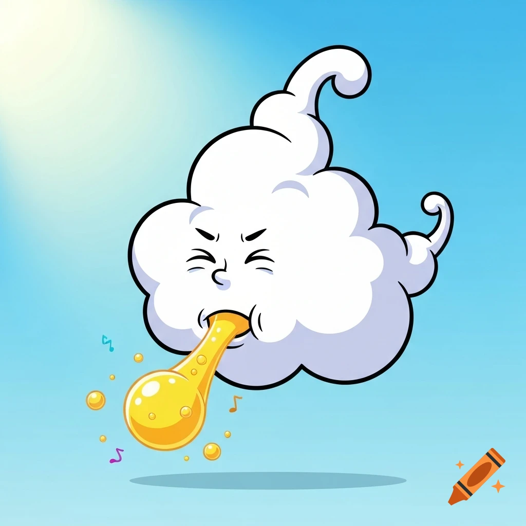 Cartoon cloud with a disgusted expression, vomiting yellow liquid with musical notes and bubbles.