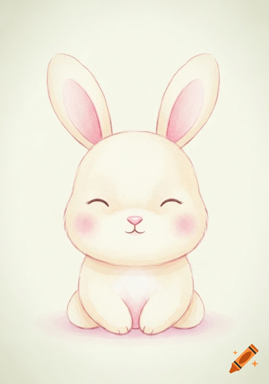 A soft pastel watercolor illustration of a cute baby bunny sitting with closed eyes, a gentle smile, and pink cheeks.