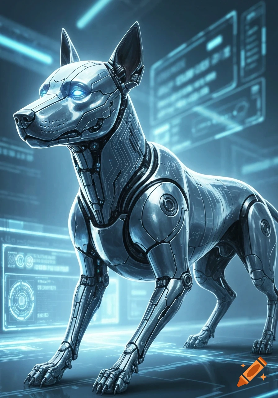 A sleek, metallic robot dog with glowing blue eyes stands in a futuristic, blue-hued setting with holographic displays.