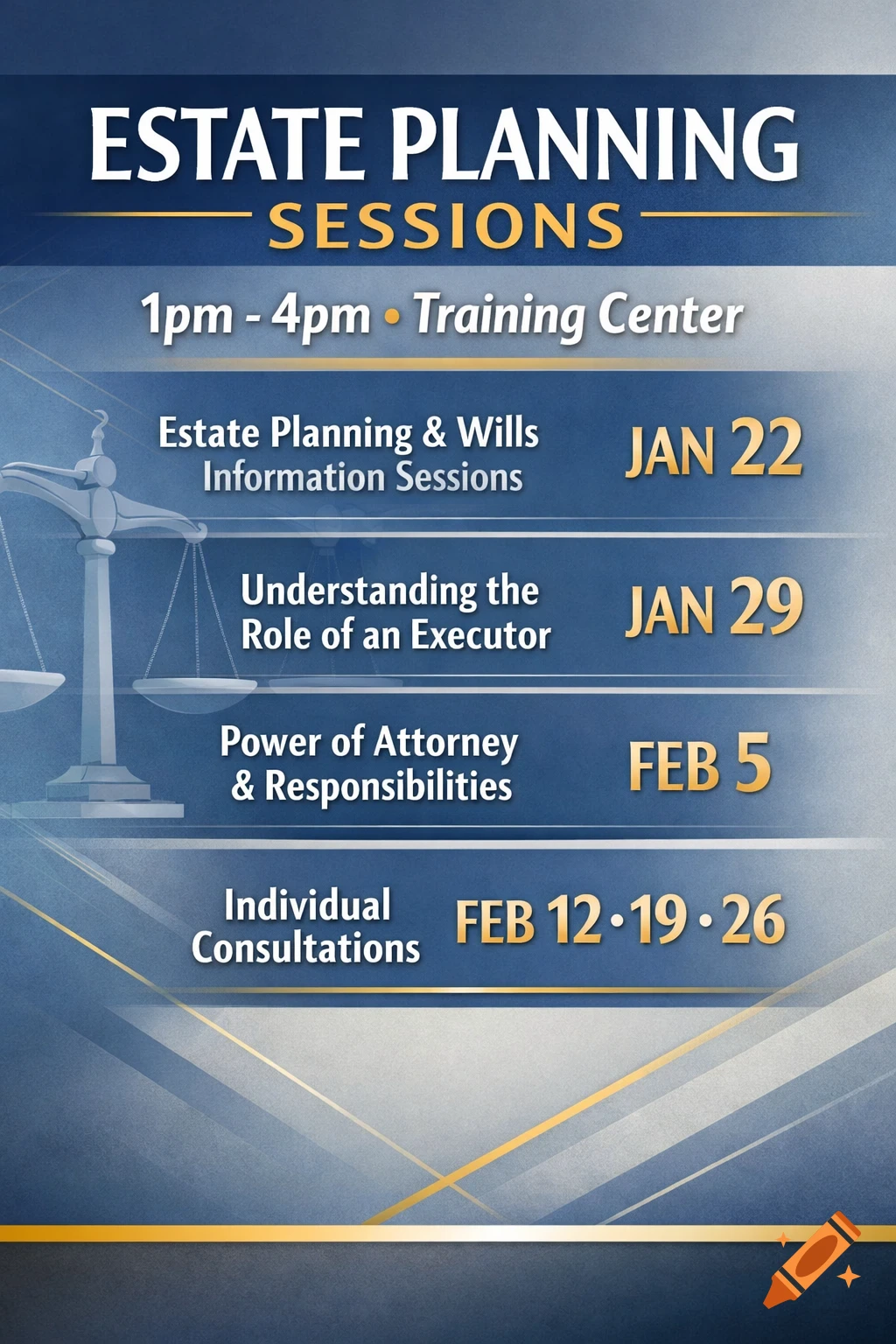 A blue and gold flyer advertising "Estate Planning Sessions" with dates and topics, featuring a scale of justice icon.