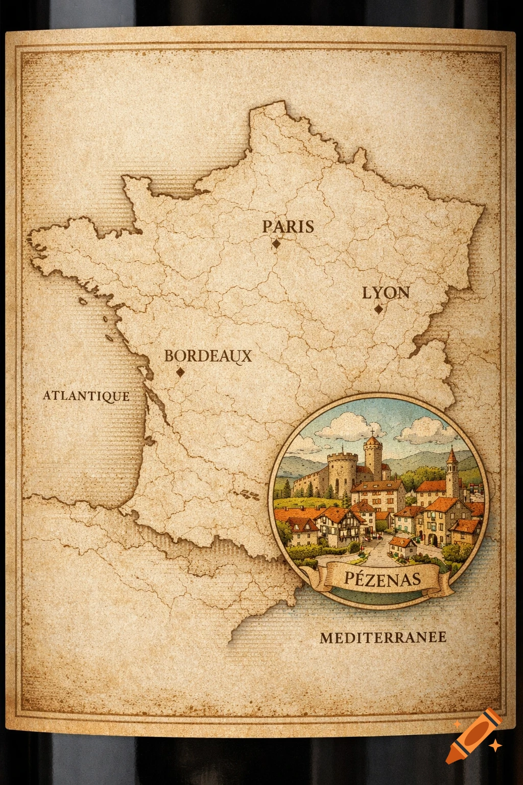 A vintage-style wine label features a detailed map of France on parchment, with major cities like Paris and Bordeaux marked. A circular inset depicts the medieval town of Pézenas.