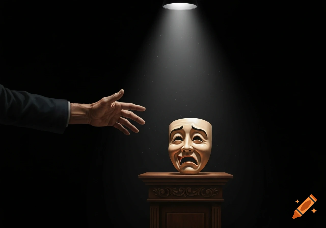 A hand reaches for a spotlighted crying theatrical mask on a wooden pedestal in a dark, dramatic setting.