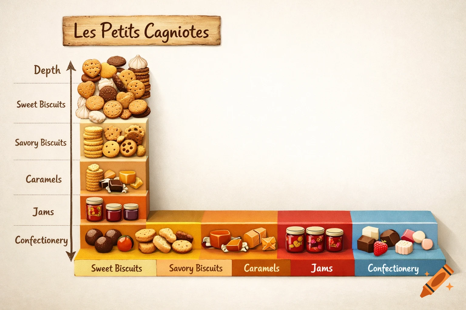 An L-shaped diagram showing the width and depth of the "Les Petits Cagniotes" product range, featuring sweet biscuits, savory biscuits, caramels, jams, and confectionery.