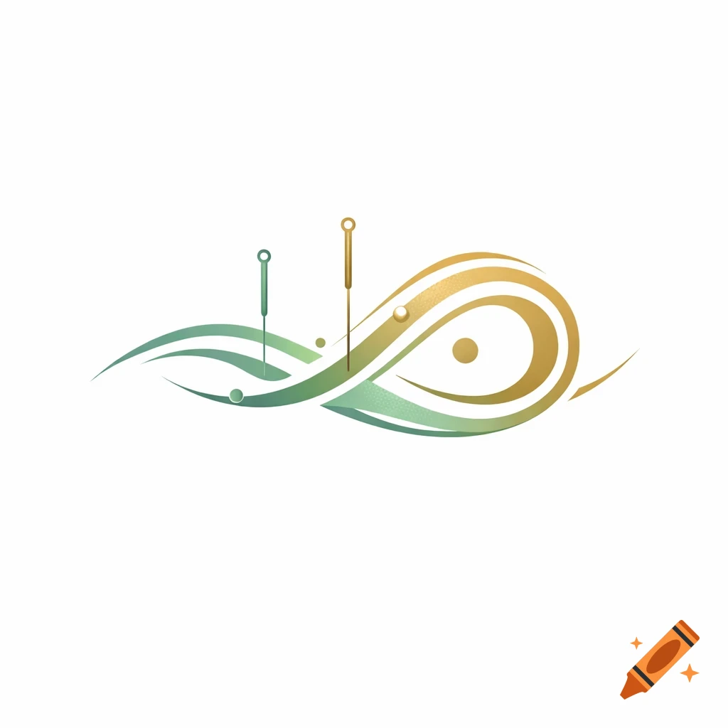 Logo featuring green and gold wavy lines, acupuncture needles, and circles, representing acupuncture and Qi Kong.