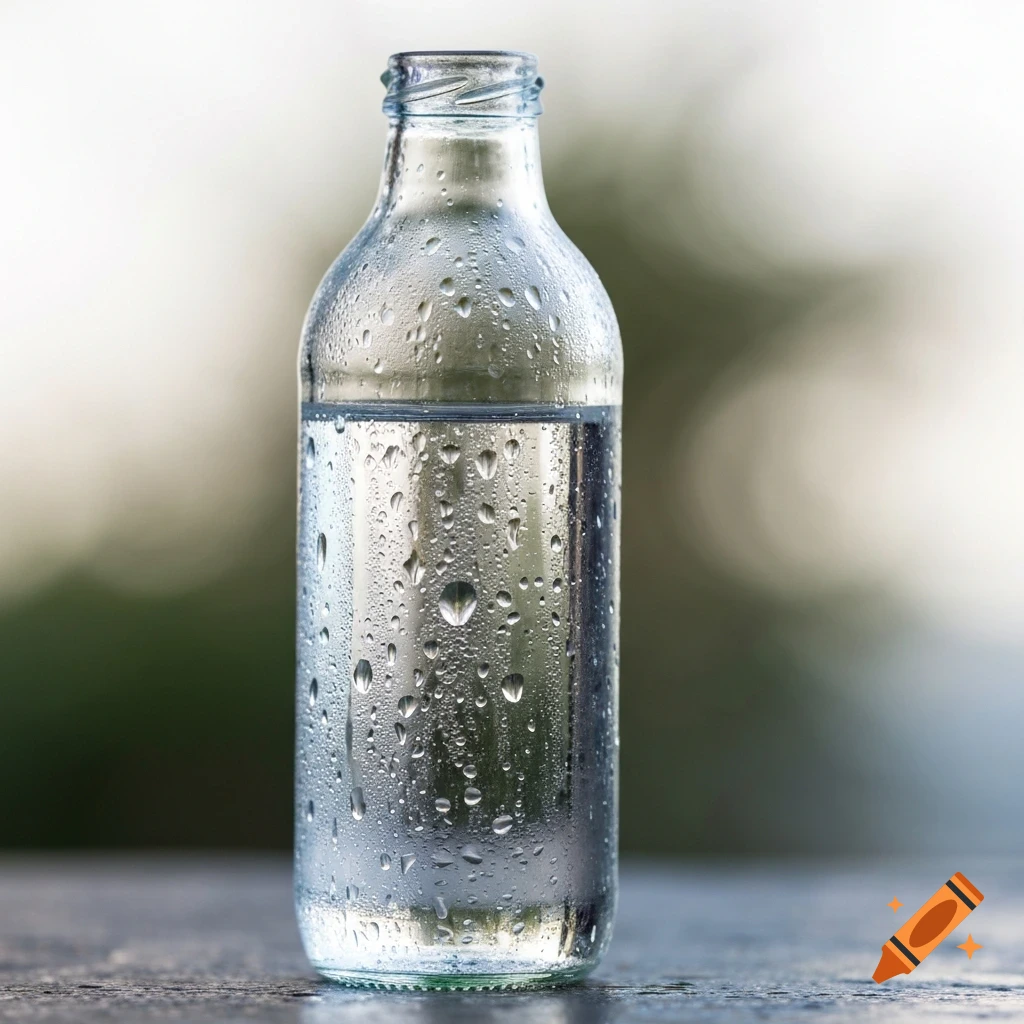 A clear glass bottle half-filled with water, covered in condensation, sits on a surface with a blurred green background.
