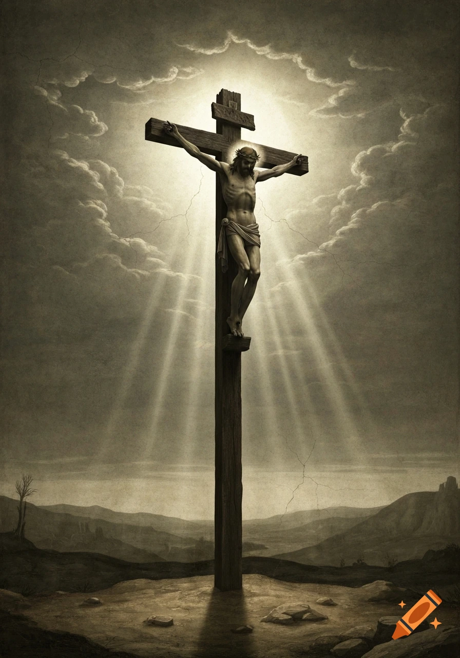 Classical sepia painting of Jesus on the cross, illuminated by light rays in a barren landscape.