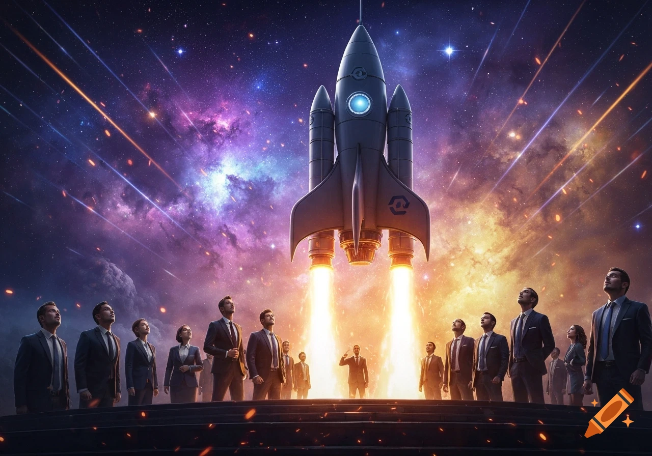 A group of business people in suits look up at a rocket launching into a colorful starry sky, representing a kick-off meeting with motivational impact.