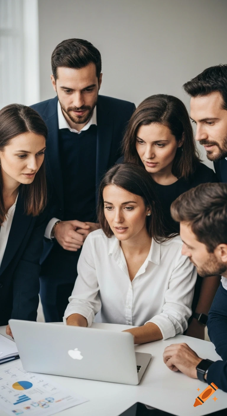 Six professionals intently focused on a silver laptop screen during a business meeting, with charts on the table.