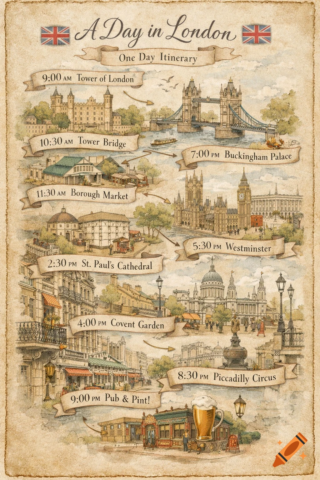 Hand-drawn map depicting a one-day London itinerary, showing landmarks like Tower of London, Tower Bridge, Buckingham Palace, and a pub.