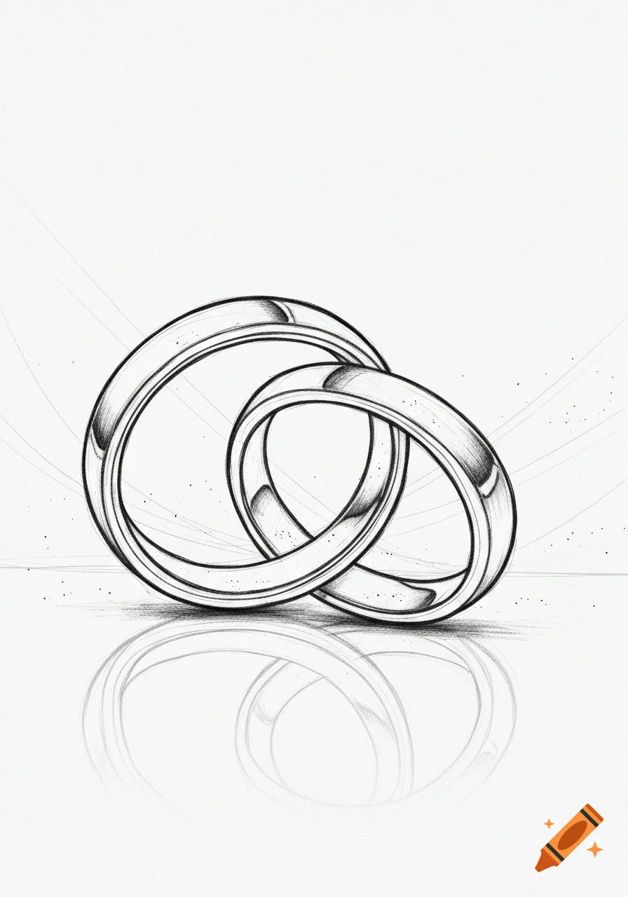 Black and white hand sketch of two interlocking wedding rings with reflections.