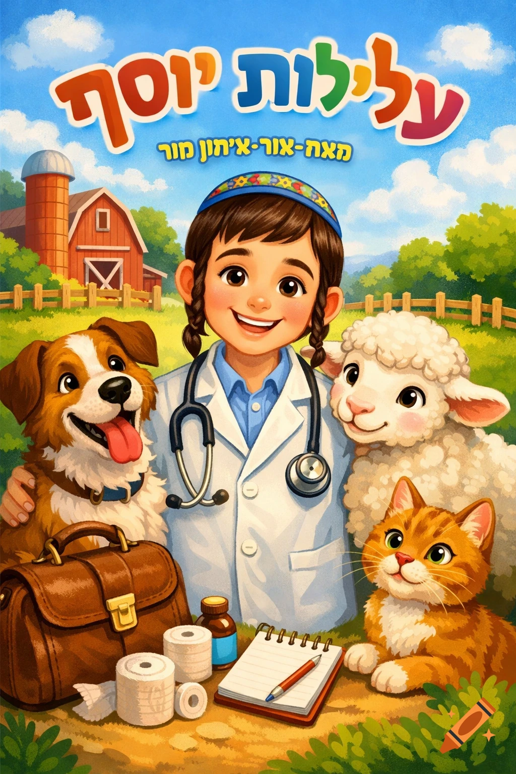 Cartoon cover art of a smiling boy in a vet coat and kippah, surrounded by a dog, lamb, and cat, with a farm background. Hebrew text is at the top.