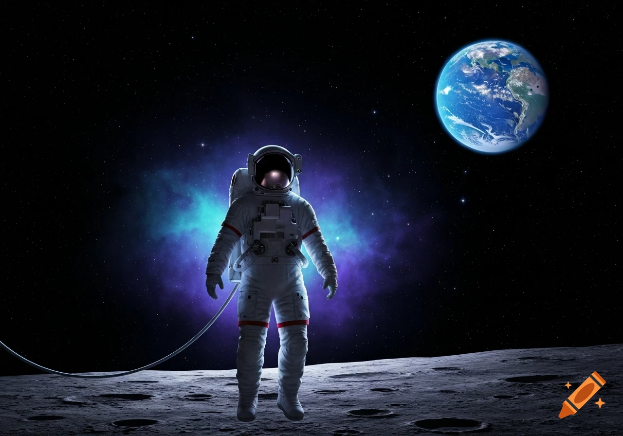 An astronaut in a white suit stands on the moon's cratered surface, with Earth and a blue-purple nebula in the starry space.