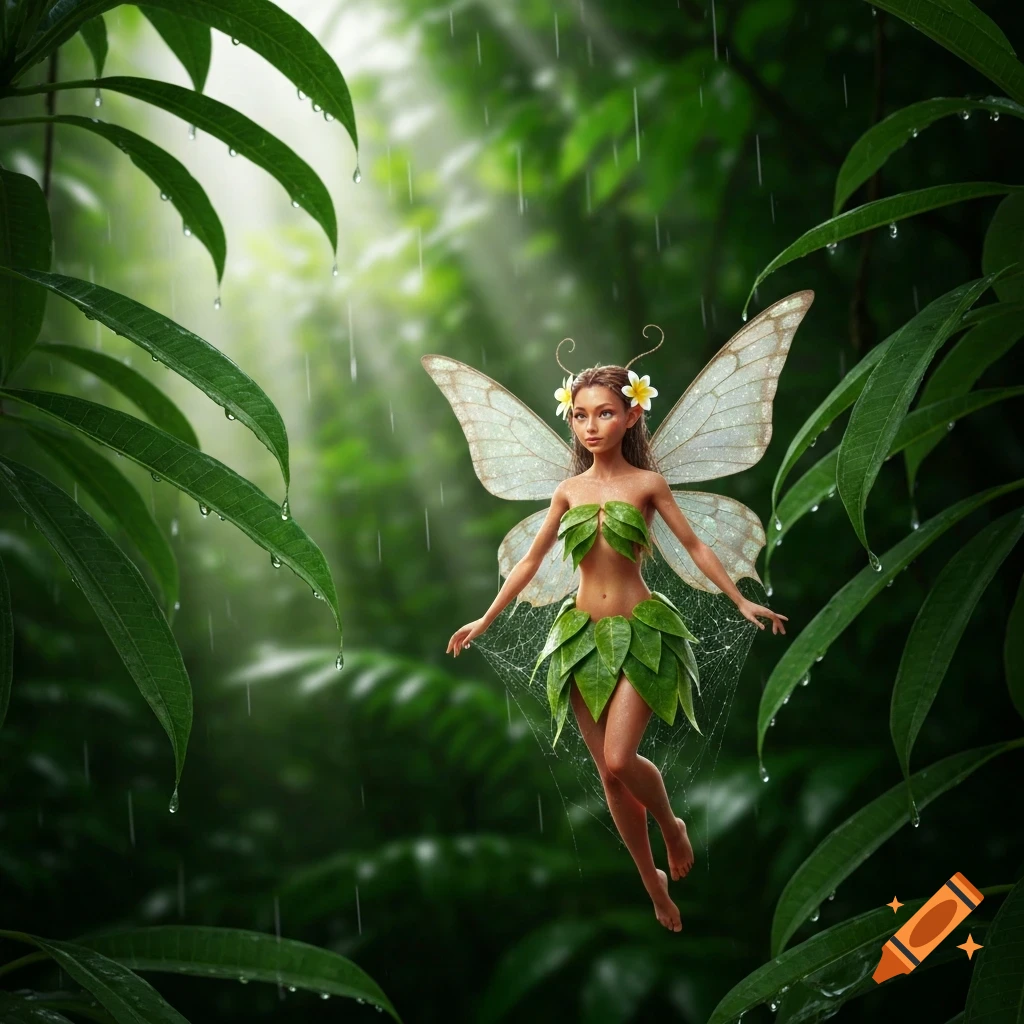 A beautiful fairy with leaf clothing and large, shimmering wings hovers in a lush, rainy tropical forest with glistening leaves.