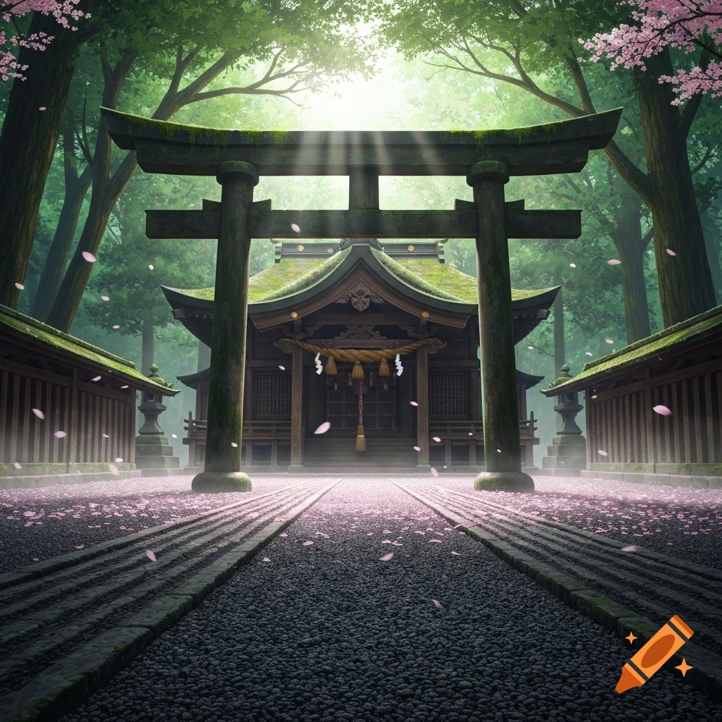 A beautiful moss-covered Japanese shrine with a torii gate, surrounded by a lush green forest and falling pink cherry blossoms, in an anime art style.