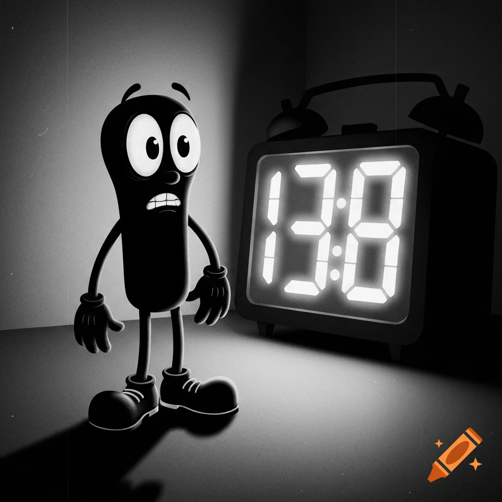 A black and white cartoon character with large eyes and a scared expression looks at a digital alarm clock displaying 13:38, in a retro animation style.