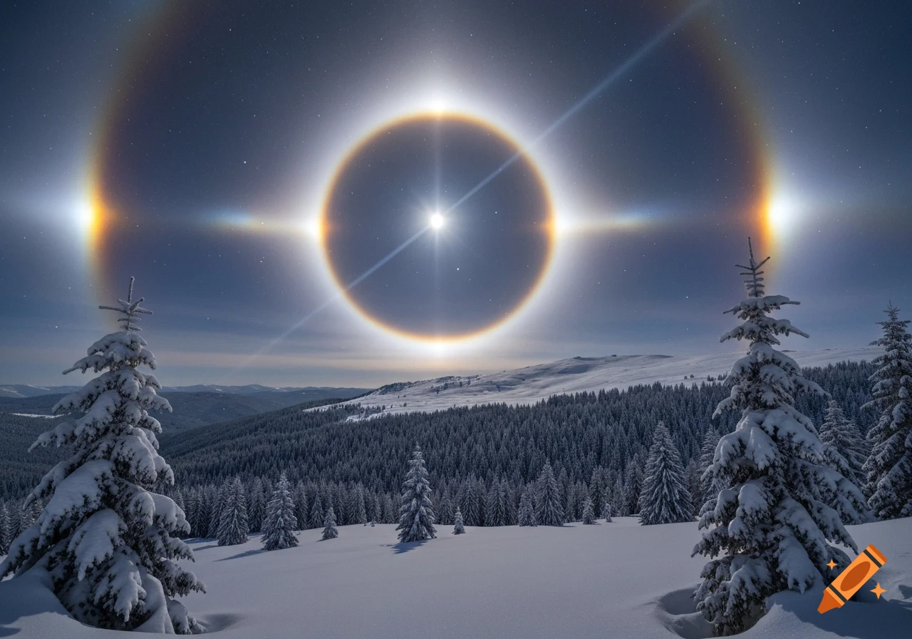 Photorealistic winter night landscape with snow-covered trees and mountains under a starry sky, featuring a bright moon with dramatic lunar halos.