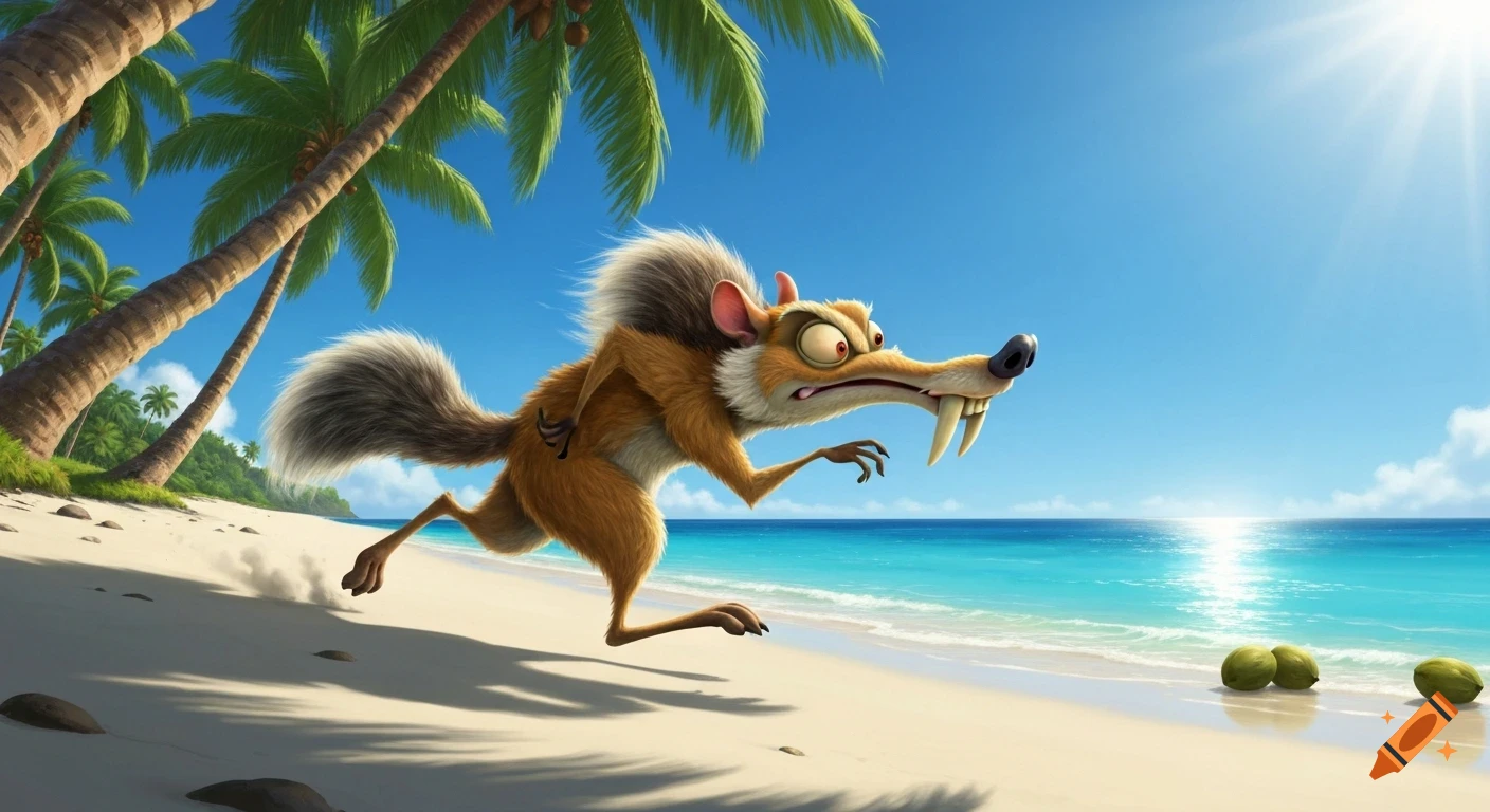 Scrat from Ice Age running along a sunny tropical beach with palm trees and green coconuts.