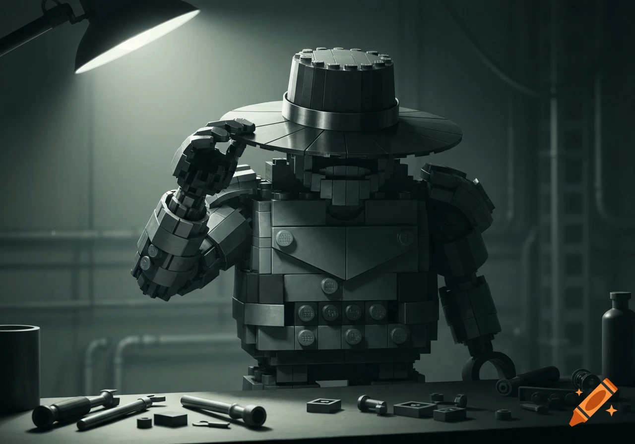 A grey Lego-style robot figure in a fedora hat, standing in a dimly lit workshop under a desk lamp.