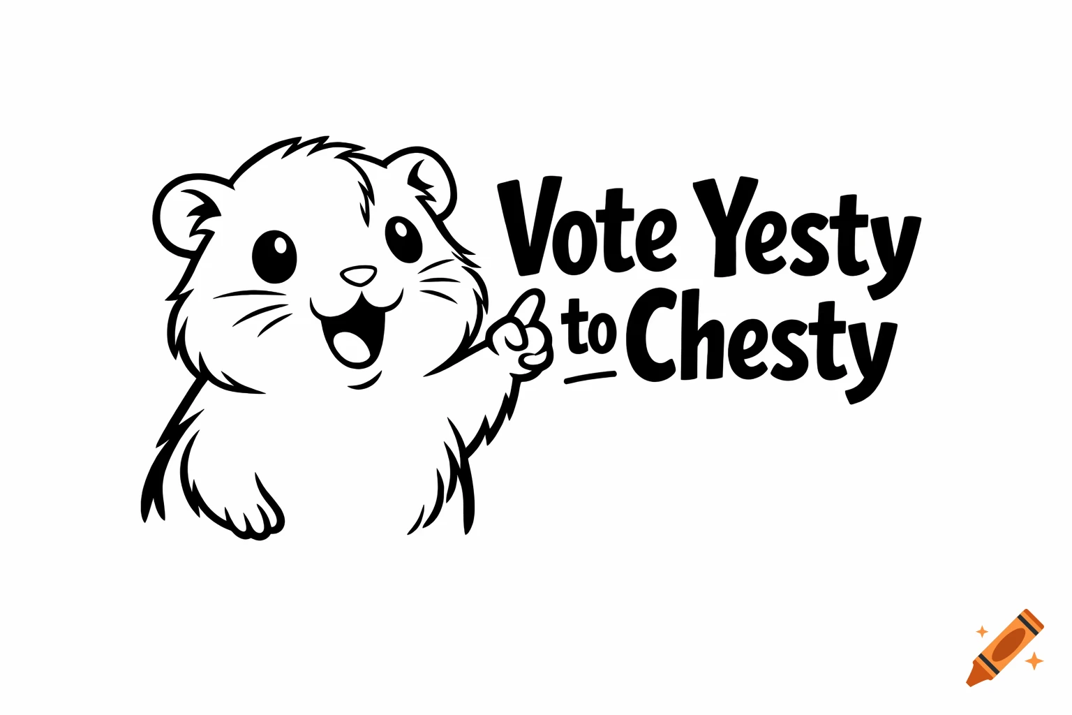 Black and white line drawing of a cute cartoon guinea pig giving a thumbs up next to the text "Vote Yesty to Chesty".