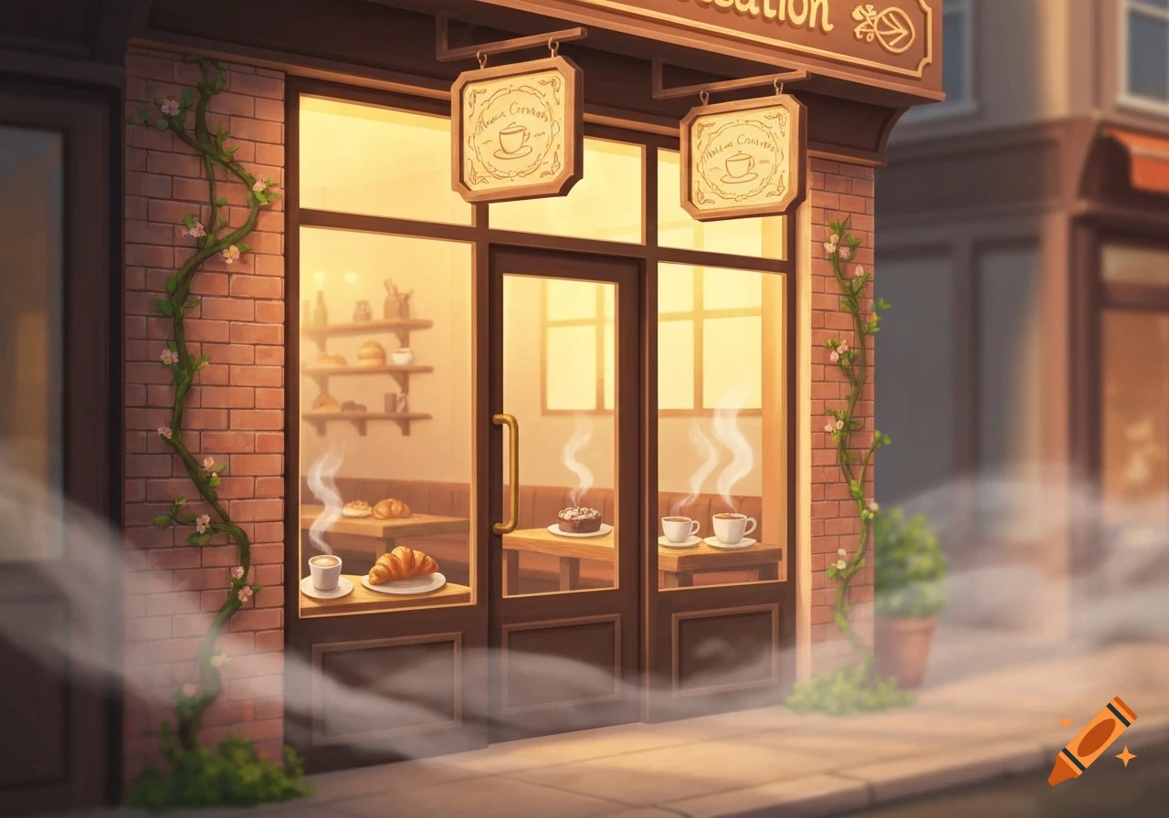 A cozy, animated cafe storefront with illuminated windows, two hanging signs, and pastries and steaming mugs visible inside. Vines with pink flowers climb the brick facade.