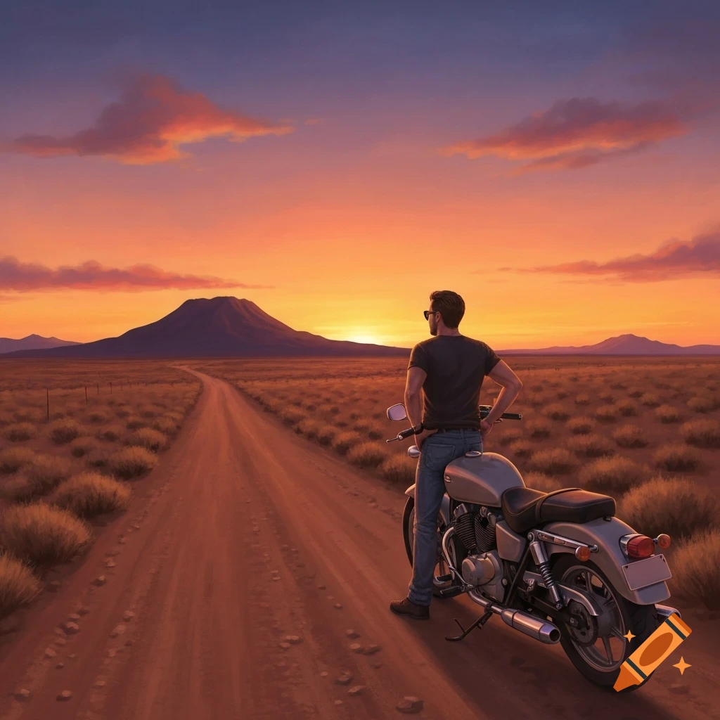 A man on a motorcycle on a dirt road gazes at a vibrant sunset over a vast desert with a distant mountain.