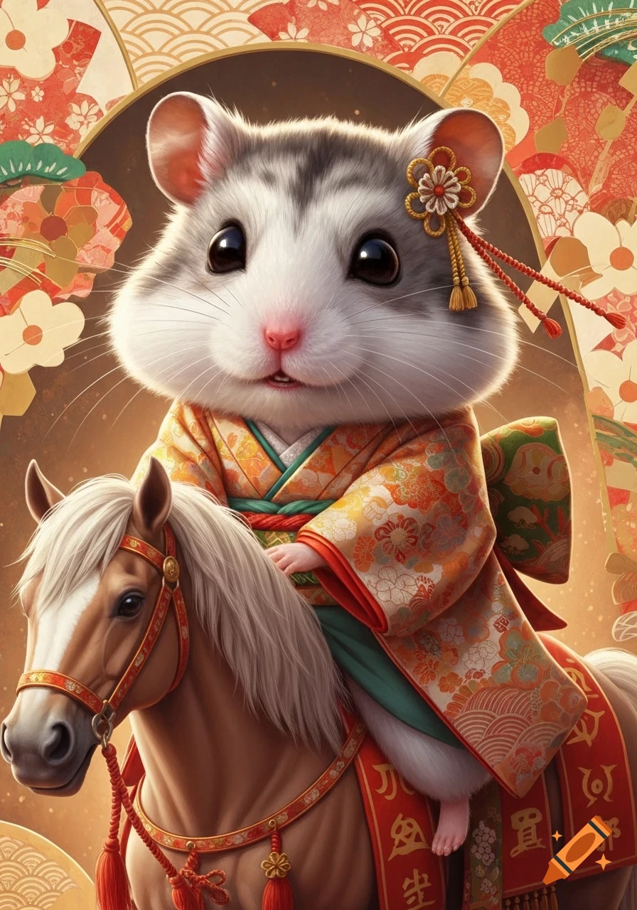 A cute, fluffy gray and white hamster in a colorful Japanese kimono rides a horse against an ornate, traditional Japanese pattern background.