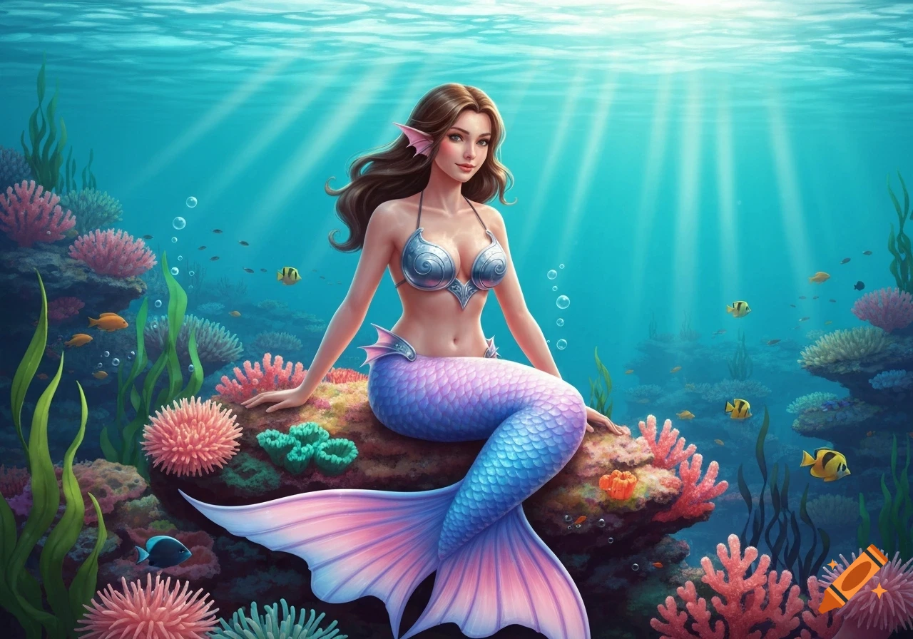 Illustration of a mermaid with brown hair, a blue and pink tail, and a silver bikini top, sitting on a colorful coral reef underwater.