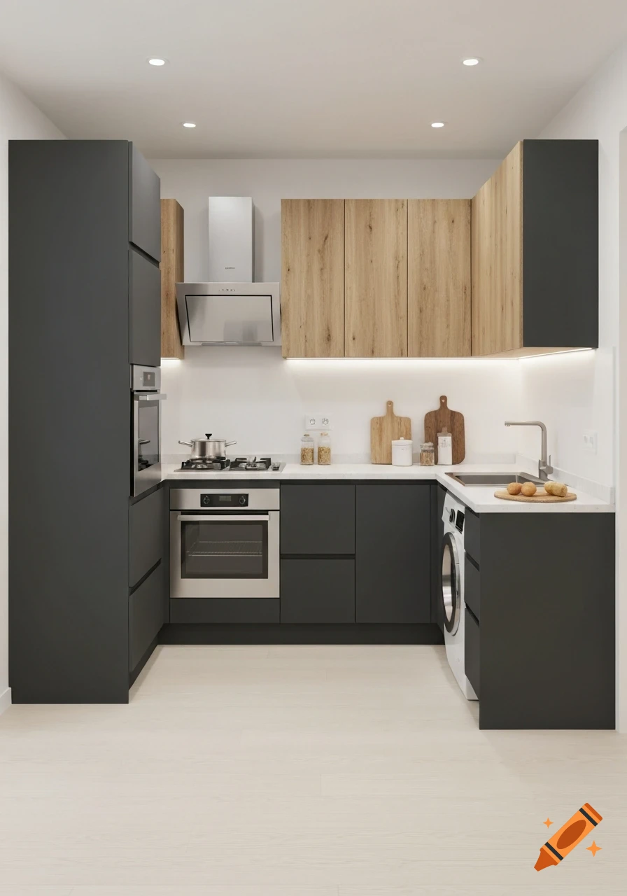 Modern U-shaped kitchen with dark grey and light wood cabinets, white countertops, oven, stovetop, sink, washing machine.