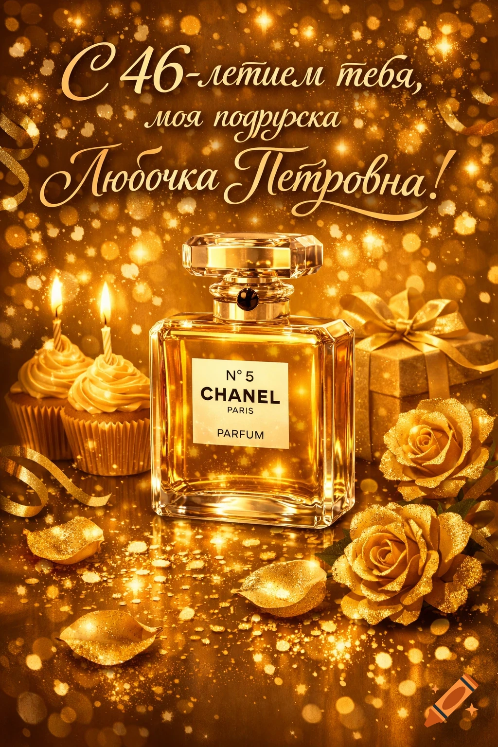 A golden birthday card featuring a Chanel No.5 perfume bottle, cupcakes with candles, and golden roses, set against a glittering background with Russian text.