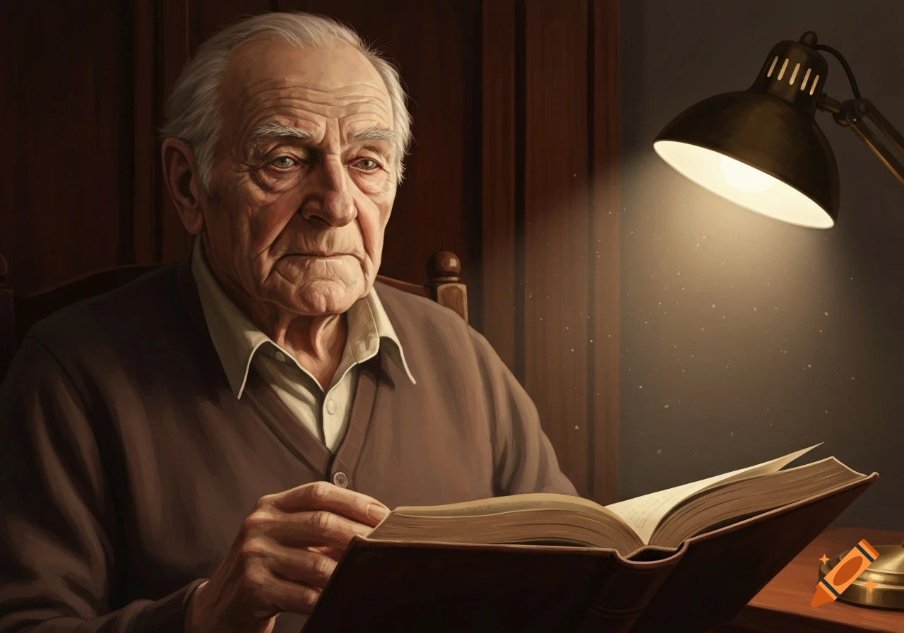 A photorealistic portrait of an old man with white hair, wearing a brown cardigan, reading a book under a desk lamp.