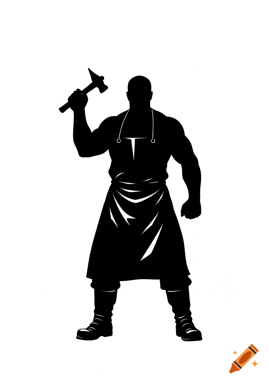 A black silhouette of a muscular medieval blacksmith in an apron, holding a hammer, on a white background.
