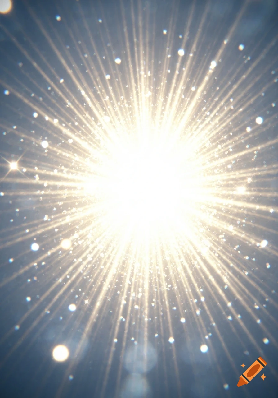 An intense bright light with golden rays and sparkling particles against a blue-grey background.