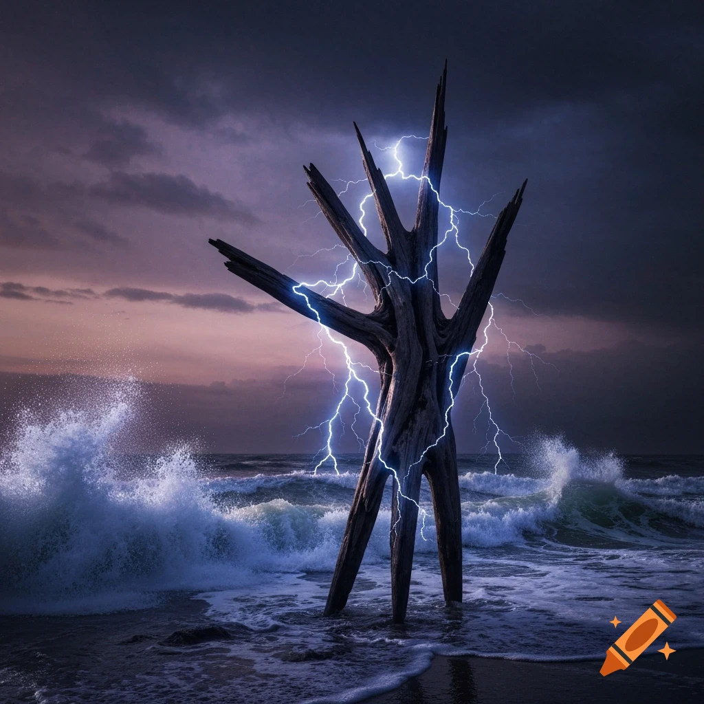 A gnarled tree trunk stands on a stormy beach, illuminated by bright blue lightning as large waves crash around it.