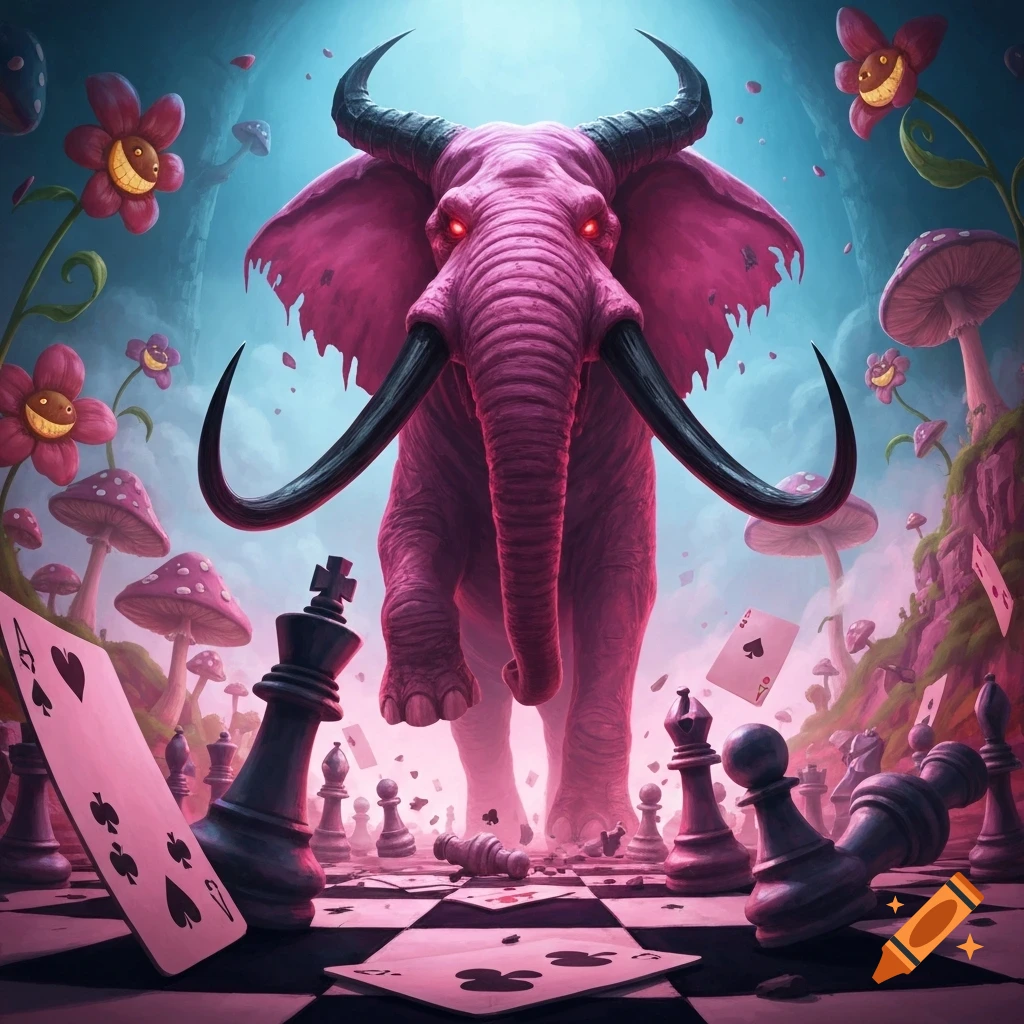 A monstrous pink demon elephant with red eyes and tusks on a chaotic black and pink chessboard, surrounded by chess pieces, playing cards, and surreal smiling flowers and mushrooms.