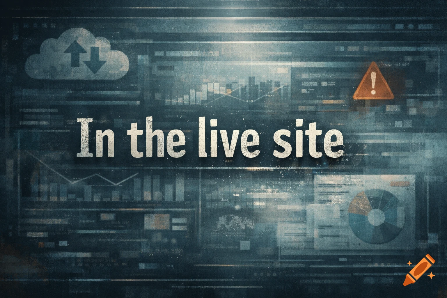 White text 'In the live site' on a dark, stylized digital screen with abstract graphs, a cloud icon, and an orange warning triangle.