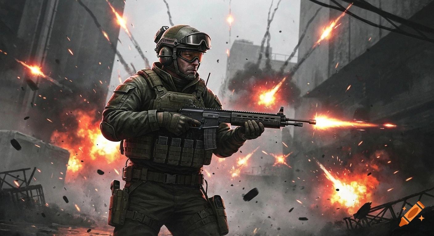 A soldier in tactical gear fires a rifle amidst explosions and debris in an urban combat zone.