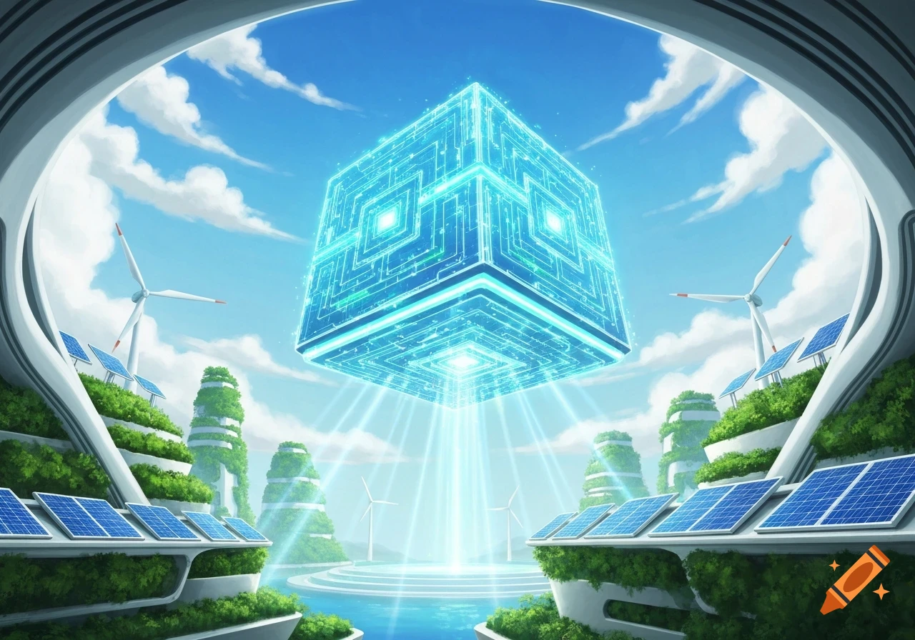 A large, glowing blue technological cube hovers over a futuristic landscape with wind turbines, solar panels, and green tiered buildings.