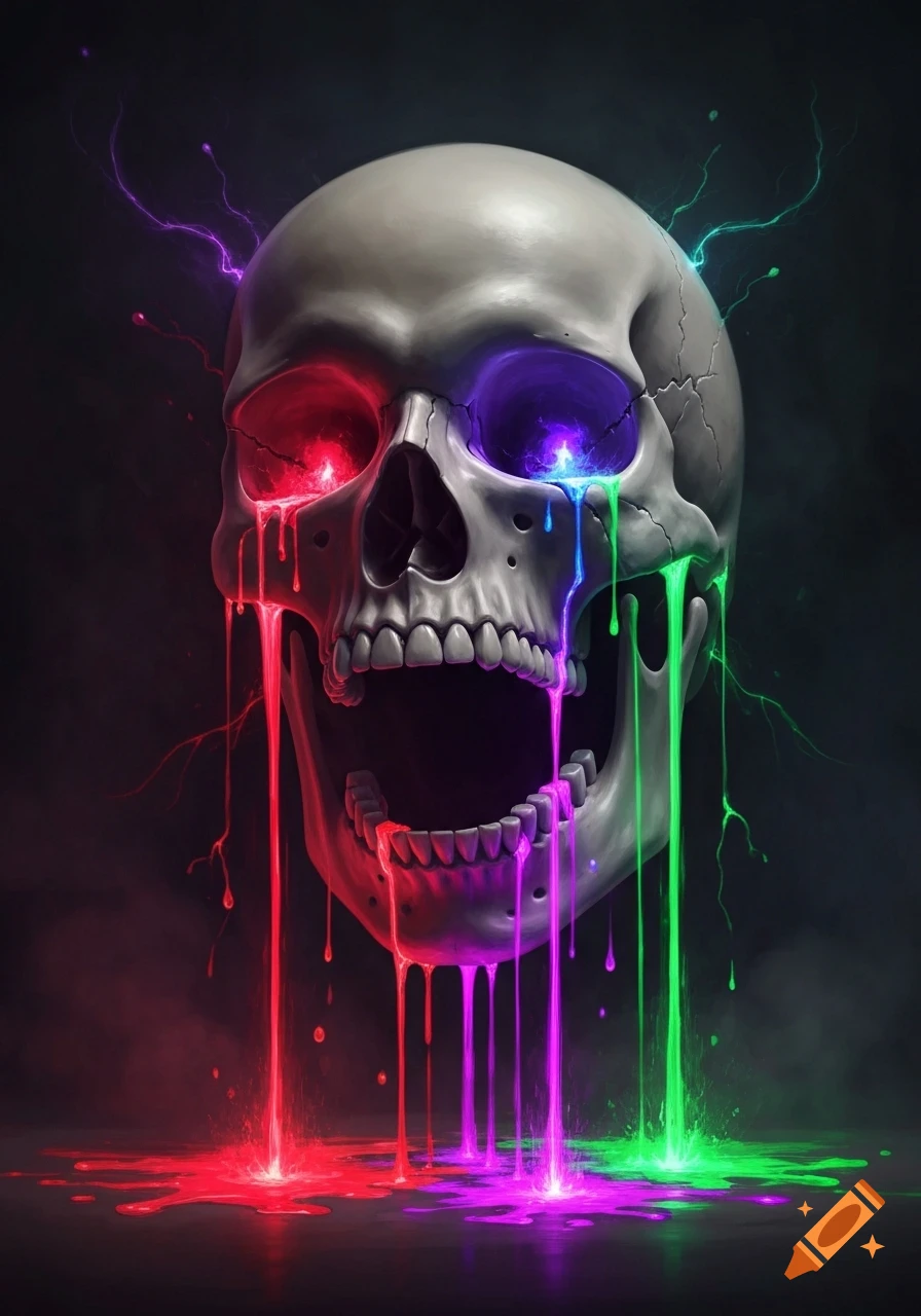 A stylized screaming skull with glowing red, purple, and green liquid dripping from its eye sockets and mouth, pooling on a dark surface.