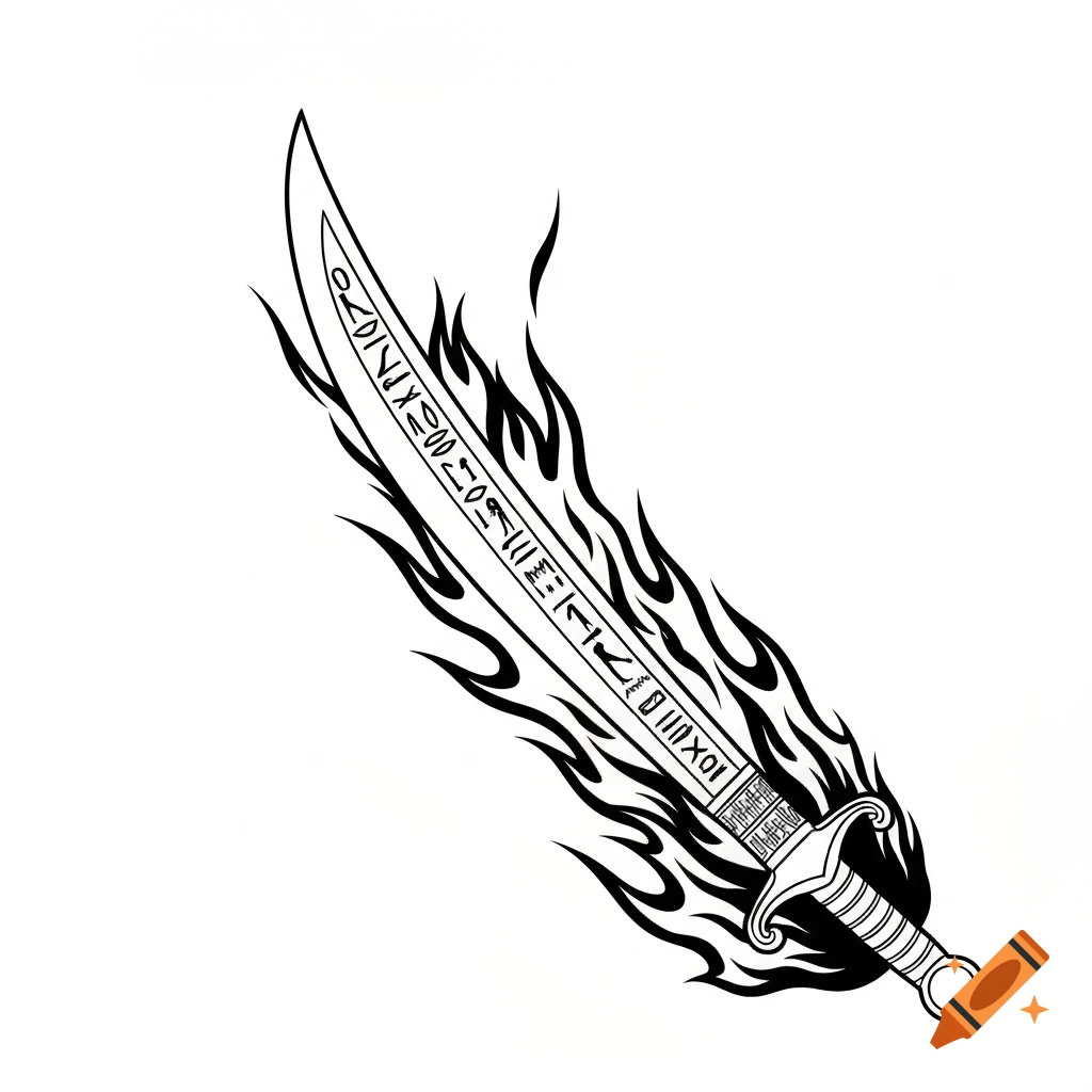 Black and white line drawing of a stylized flaming ancient Egyptian sword with decorative symbols on the blade.