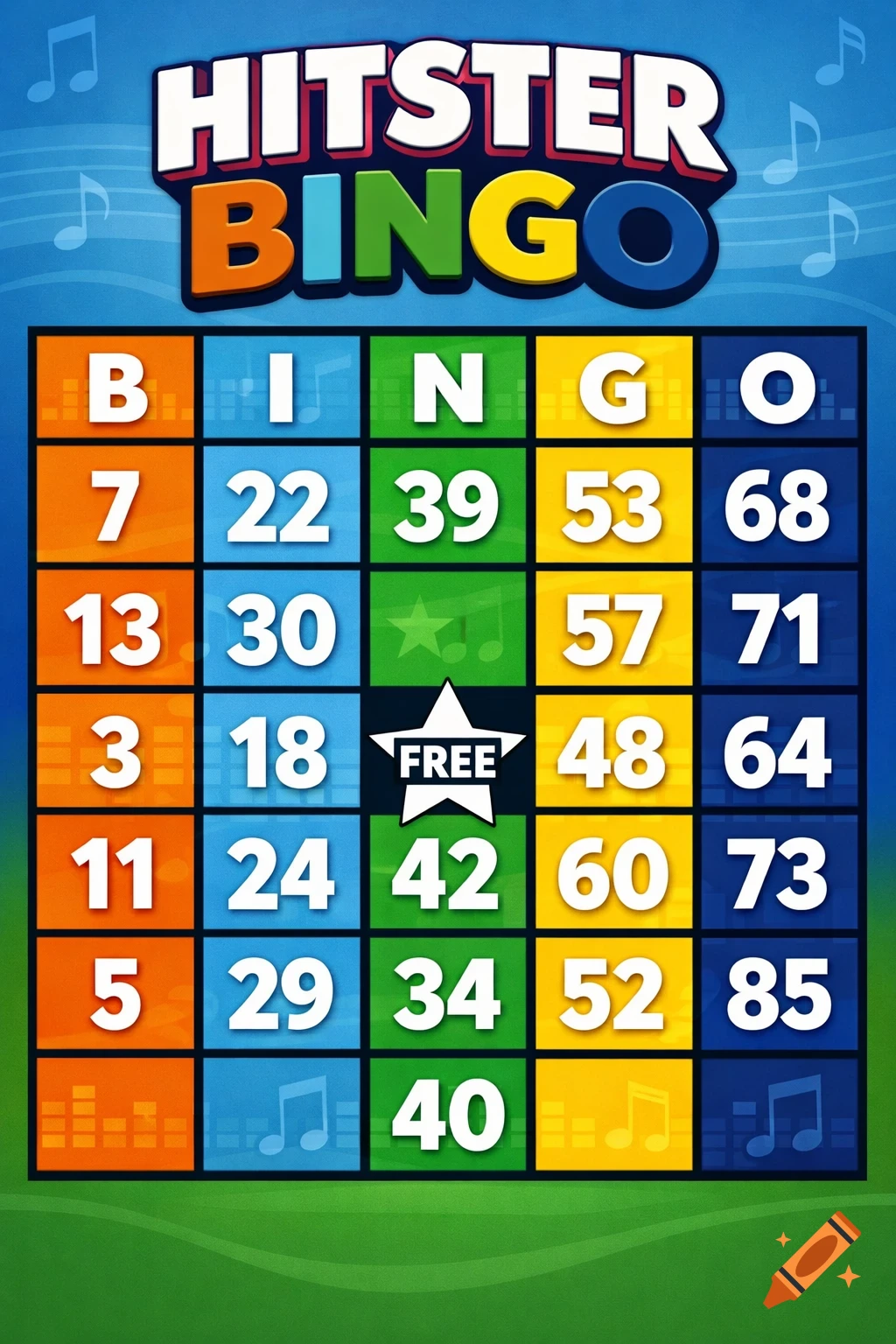 A colorful Hitster Bingo card with musical notes in the background and numbered squares in orange, blue, green, and yellow.
