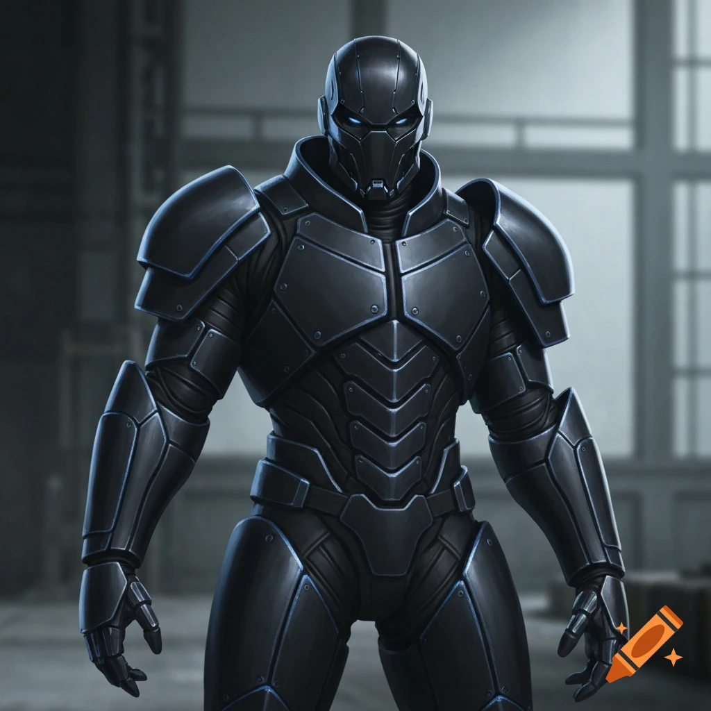 Sci-fi illustration of a dark lord figure in detailed matte black futuristic armor with subtle blue edges.