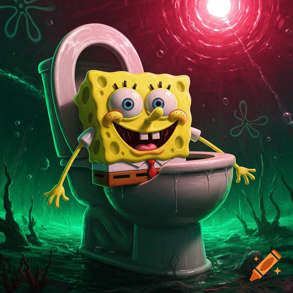 Spongebob Squarepants sits smiling inside a grimy toilet, in an eerie green underwater scene with a bright red vortex above.