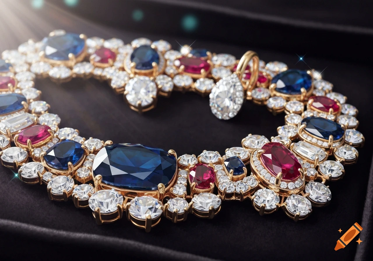 A luxurious gold necklace with large blue sapphires, red rubies, and sparkling clear diamonds rests on a dark surface.