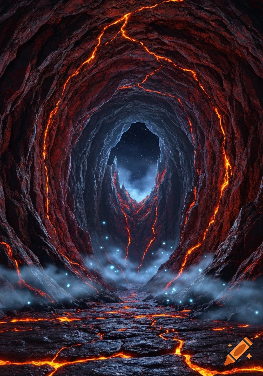 A vibrant fantasy image of a glowing lava cave with red-orange cracks, blue mist, and sparkling lights, leading to a starry sky.