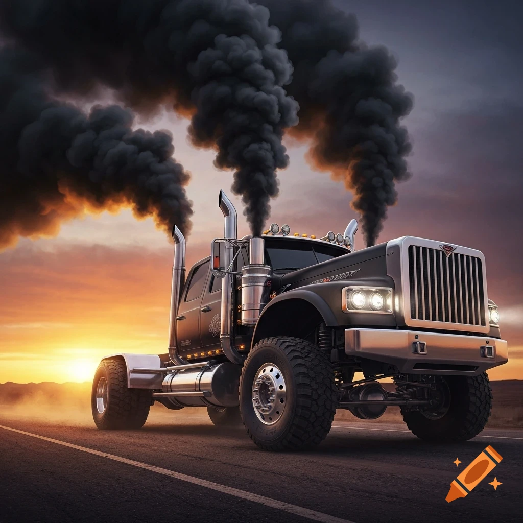 A custom black semi-truck with large tires and chrome exhaust pipes emits thick black smoke into a sunset sky.