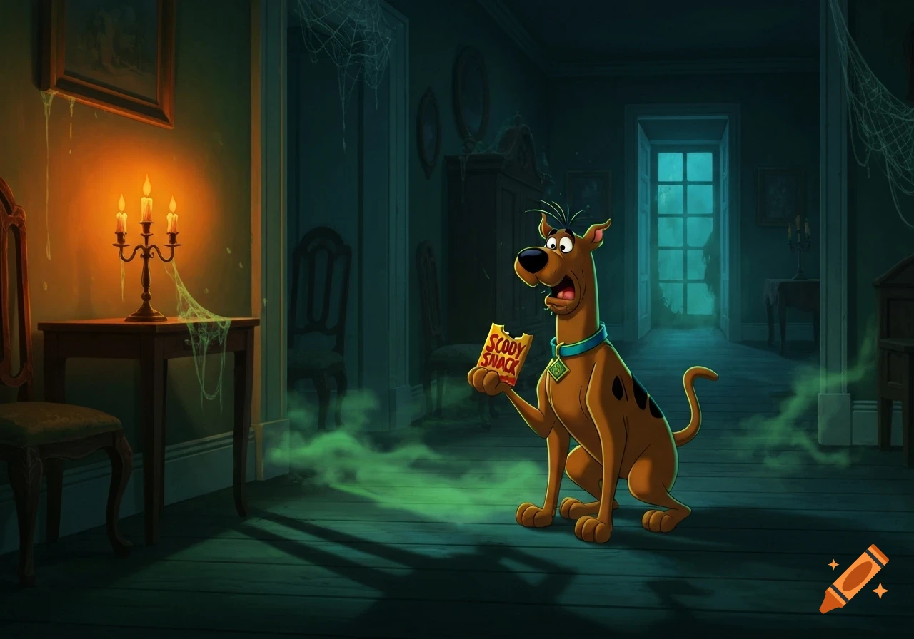 Scooby Doo holds a Scooby Snack in a dark, cobweb-filled haunted house, looking surprised with green mist on the floor.