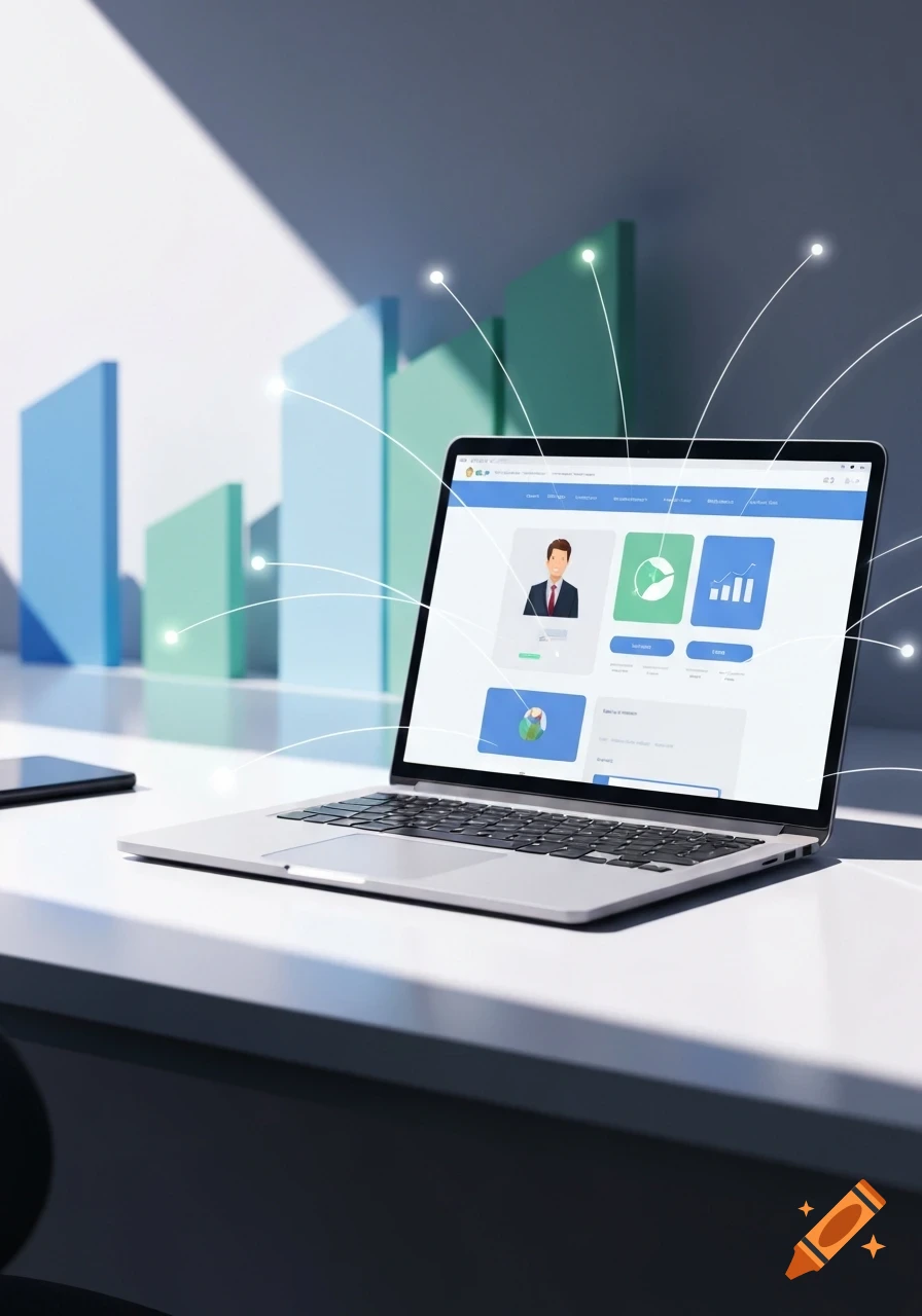 A laptop on a desk displays a website interface with a profile icon, data charts, and text. Bar graphs are in the background with glowing connection lines.