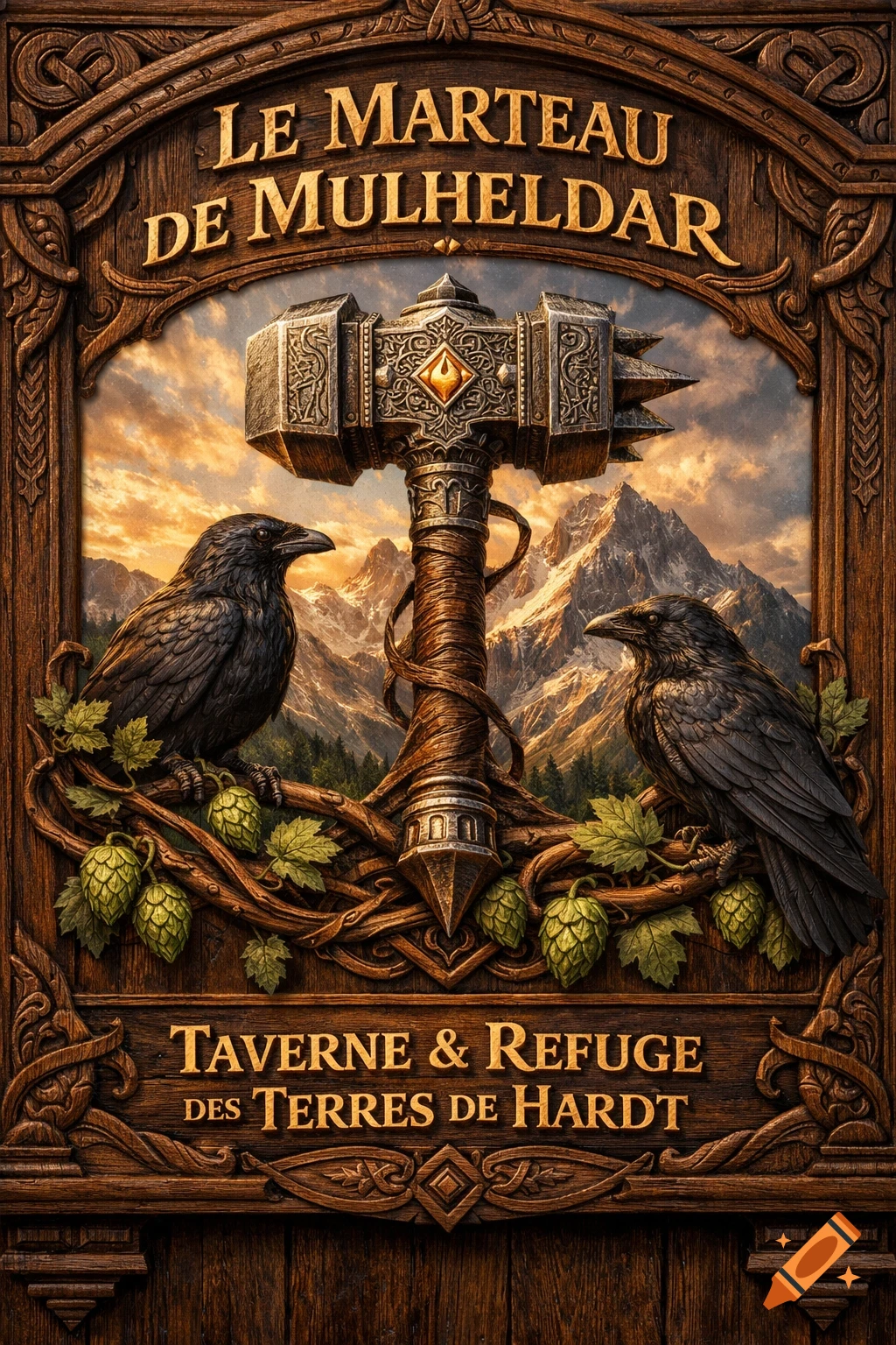 Detailed carved wooden medieval fantasy tavern sign with a warhammer, two ravens on hop branches, mountains, and golden text.